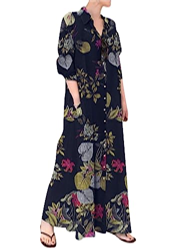 OMZIN Frauen Leinen Button down Oversize Kleid V-Ausschnitt Casual Maxi Kleid Loose Sommer Strandkleid Floral Black L von OMZIN