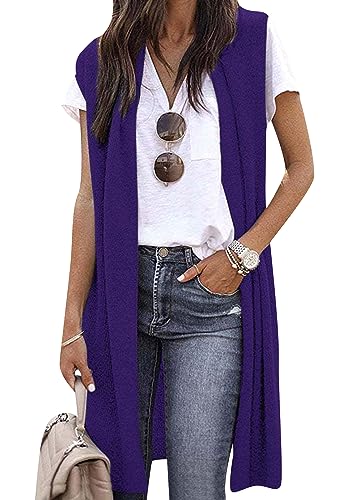 OMZIN Frauen Lose Leichte Ärmellose Einfarbige Lange Offene Front Tunika Weste Mantel Violett XL OMZIN Frauen Lose Leichte Ärmellose Einfarbige Lange Offene Front Tunika Weste Mantel Violett XL von OMZIN