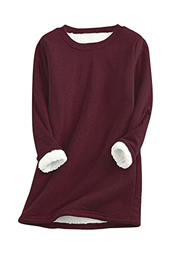 OMZIN Frauen Mädchen Plus Größe Dicke Warme Tunika Sherpa Gefüttert V-Ausschnitt Winter Pullover Langarm Fleece Sweatshirt Tops Weinrot M von OMZIN