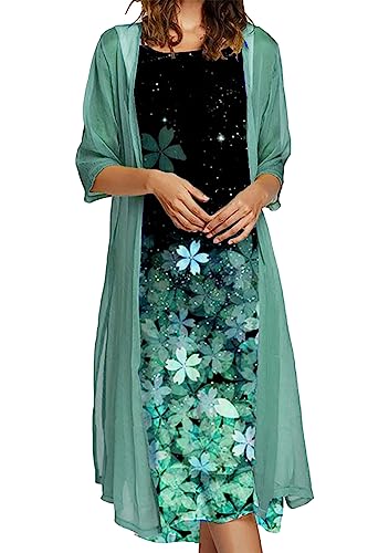 OMZIN Frauen Maxi Chiffon ärmelloses Kleid Mit 3/4 Ärmel Jacke Crewneck Tank Kleid Und Solid Color Cardigan Grün XXL von OMZIN