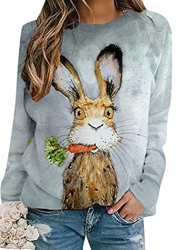 OMZIN Frauen Ostern Druck Hase Grafik Sweatshirts Rundhalsausschnitt Langarm Lose Sweatshirt Tops Karotte 2XL von OMZIN