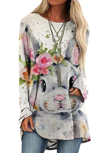 OMZIN Frauen Ostern Kaninchen Long Pullover Langarm Bunny Muster Oversized Baggy Sweatshirt Loungewear Rosa Kaninchen L von OMZIN