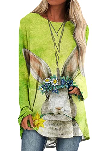 OMZIN Frauen Ostern Kaninchen Print Plus Größe Sweatshirt Langarm Bunny Gedruckt Baggy Long Pullover Grün L von OMZIN