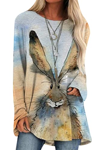 OMZIN Frauen Ostern Lange Pullover Kaninchen Lose Shirt Langarm Crew Neck Nette Bunny Sweatshirt Blau Orange 2XL von OMZIN