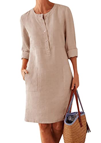 OMZIN Frauen Plus Größe Baumwolle Leinen Lose Button Down Hemdkleid Lässige Lose Hemd Tunika Kleid Beige S von OMZIN