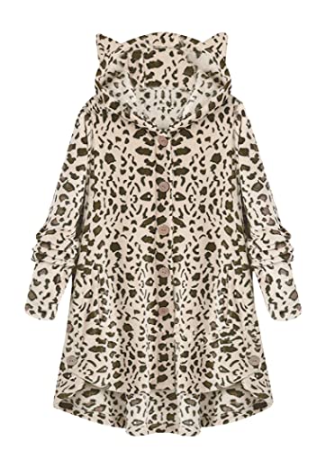OMZIN Frauen Plus Size Knopf Plüsch Tops Kapuzen Lose Strickjacke Wollmantel Winterjacke Plüsch Tops für Frauen Herbst Winter Bluse Outwear Grauer Leopard 3XL von OMZIN