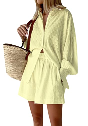 OMZIN Frauen Solid Color 2 Stück Casual Outfits Button Down Long Puff Sleeve High Low Shirt Und Shorts Set Gelb L von OMZIN