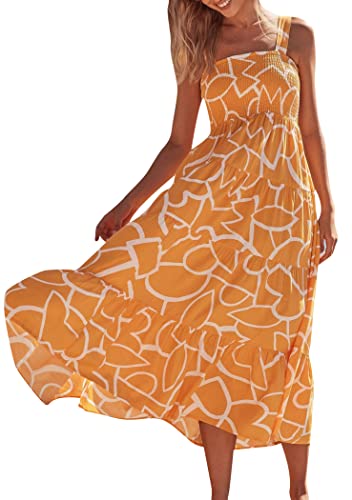 OMZIN Frauen Sommer ärmelloses Kleid Mit Quadratischem Ausschnitt Smokey Long Kleid Spaghetti Strap Ruffle Flowy Sundress Geometrie Gelb M von OMZIN