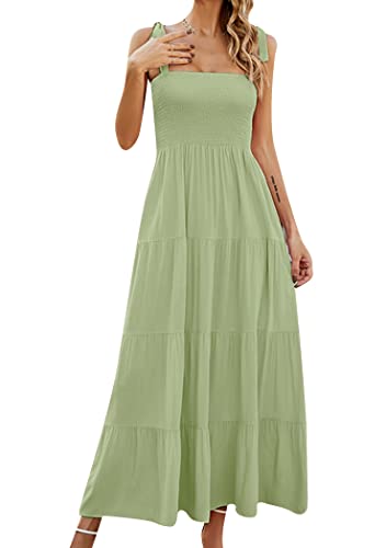 OMZIN Frauen Spaghetti Strap Tie Strap Kleid ärmellos Scoop Neck Solid Color Sundress Long Ruffled Dress Festkörper Hellgrün XL von OMZIN