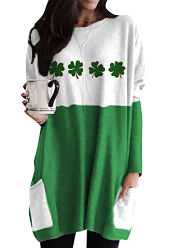 OMZIN Damen St. Patrick's Day Klee Print Lange Shirts Rundhalsausschnitt Taschen Sweatshirt Irish Clover Tops Clover 3XL von OMZIN