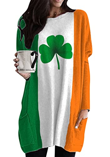 OMZIN Damen St. Patrick's Day Kleeblatt Muster Taschen Pullover Irish Orange Long Shirt Sweatshirt Orange S von OMZIN