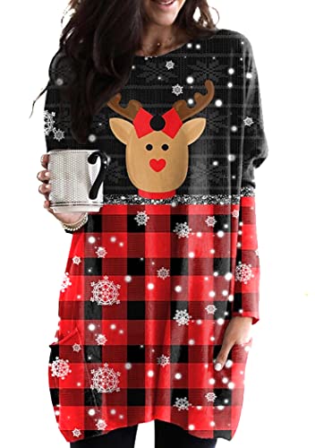 OMZIN Frauen Weihnachten Sweatshirt Frohe Weihnachten Schneemann T-Shirt Weihnachten Lichter Bluse Tops Urlaub Shirts Rot Elch XXL von OMZIN