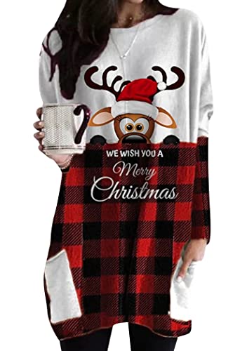 OMZIN Frauen Weihnachten Sweatshirt O-Ausschnitt Pullover Tops Neuheit Lustige Grafik Langarm T-Shirts Xmas Urlaub Casual Sweatshirt Bluse mit Taschen, Plaid Affe, M von OMZIN