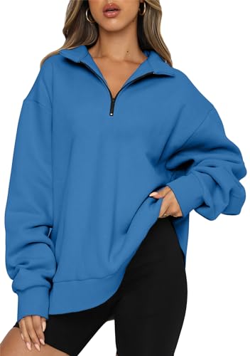 OMZIN Frauen überdimensioniert Warmes Halbes Reißverschluss Sweatshirt Feste Farbe Lässig Lange ärmel Top V Hals Lose Pullover Sweatshirt Blau 3XL von OMZIN