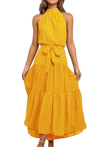 OMZIN Freizeit Strandkleid Für Damen Lange Polka Dot Ruffle Kleider Halter Neck Sleeveless Sundress Yellow Dot XS von OMZIN