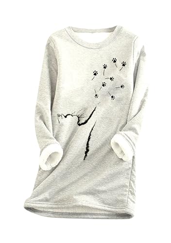 OMZIN Gefütterte Langärmelige Katzenpfoten Vlies Pullover Für Frauen Samt Rundhalsausschnitt Winterbluse Sweatshirt Hellgrau 3XL von OMZIN