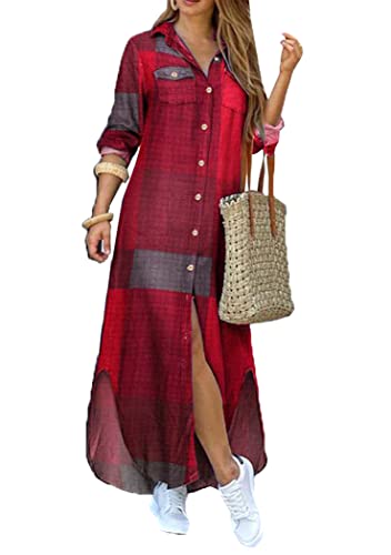 OMZIN Geteiltes Damen Kleid Mit Langen Ärmeln Button Down Kragen Karomuster Maxikleid Mit Taschen Weinrot Grau L von OMZIN