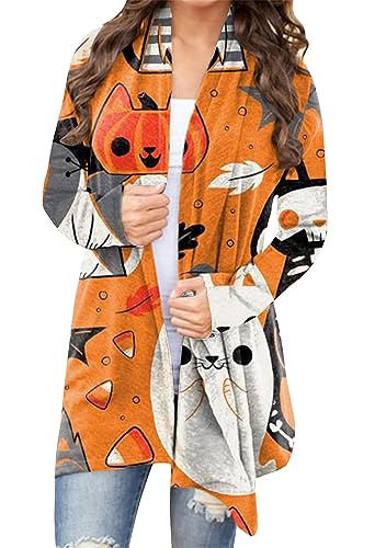 OMZIN Halloween-Strickjacke Für Frauen Leichte Langarm-Strickjacke Casual Open Front Fall Wrap Coat Orangefarbene Katze 3XL von OMZIN