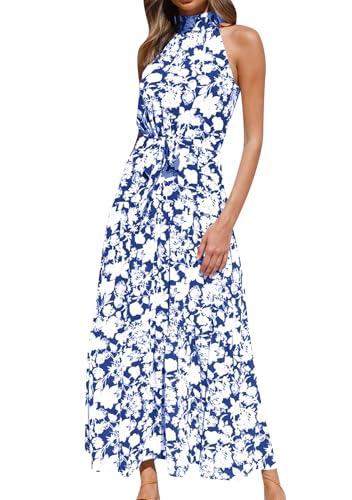 OMZIN Halter Kleider Für Damen Casual Frühling ärmellose Boho Rücken Reißverschluss Strand Urlaub Maxi Kleid Blume Blau XS von OMZIN