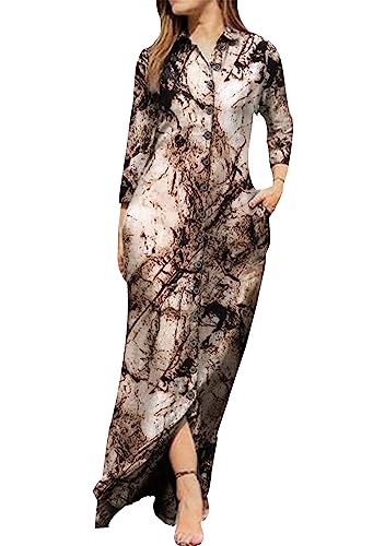OMZIN Hemd Reverskragen Kleid Lässig Lose Maxikleider Für Frauen Mit Taschen Krawattenfarbe Braun M von OMZIN
