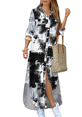 OMZIN Damen Print Langarm Shirt Kleid Reverskragen Lose Button Down Maxikleider Mit Tasche Tie Dye Schwarz S von OMZIN