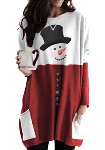 OMZIN Herbst Weihnachten Pullover Shirt Top Langarm Bedrucktes Sweatshirt Mit Taschen Für Frauen Schneemann Rot 3XL von OMZIN