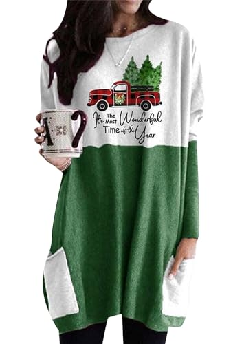 OMZIN Damen Winter Casual Long Sleeve Top Rundhals Pullover Sweatshirt Weihnachten Sweatshirt Auto Grün S von OMZIN