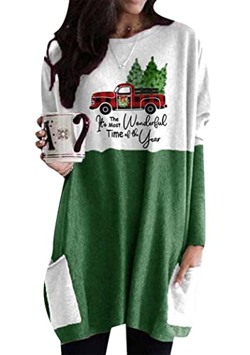 OMZIN Herbst Damen Einfach Weihnachten Rundhalsausschnitt Top Langarm Leicht Groß Sweatshirt Pullover Auto Grün L von OMZIN