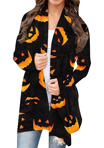 OMZIN Herbst Strickjacke Für Frauen Lustige Kürbis Halloween Offene Front Strickjacke Langarm Bequemer Mantel Schwarzes Lächeln L von OMZIN