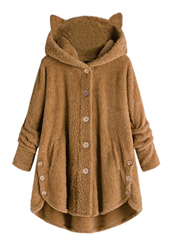 OMZIN Herbst Winter Bequem Mode Jacke Plus Größe Damen Mit Kapuze Langarm Baumwolle Leinen Flauschigen Pelz Reißverschluss Outwear Lose Mäntel Braun M von OMZIN
