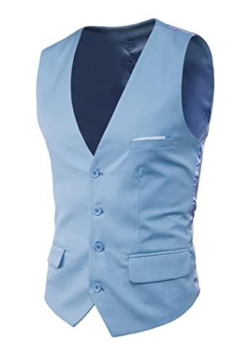 OMZIN Herren Classic Satin Tuxedo Business Weste Einreihig Solid Color Sleeveless V Neck Vest Waistcoat Hellblau S von OMZIN