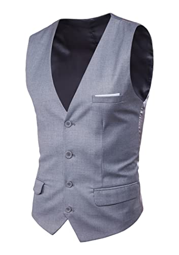 OMZIN Herren Formal Hochzeit V-Ausschnitt Weste Einfarbig Formal Business Weste äRmellos Tuxedo Weste Hellgrau XXL von OMZIN