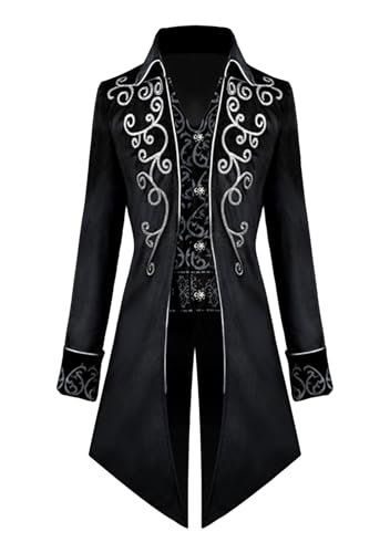 OMZIN Herren Halloween Kostüm Steampunk Vintage Frack Jacke Klassischer Freizeitmantel Gothic Viktorianischer Gehrock Schwarz Silber L von OMZIN