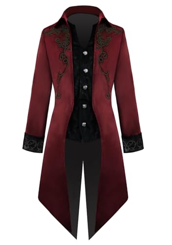 OMZIN Herren Lange Ärmel Vintage Halloween Mäntel Steampunk Mittelalterlicher Frack Lässig Warm Langer Mantel mit Knöpfen Rot 4XL von OMZIN