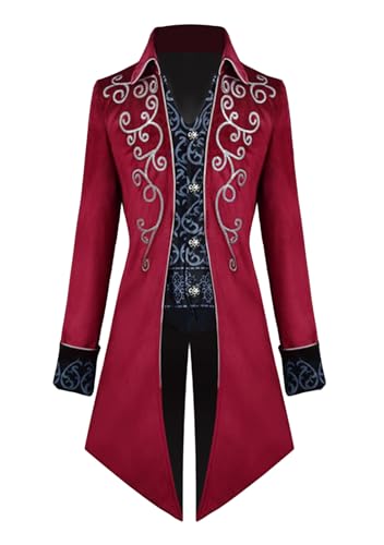 OMZIN Herren Lange ärmel Halloween Jacke Mittelalterlich Steampunk Frack Jacke Klassisch Vampir Gothic Gehrock Rot Silber XXL von OMZIN