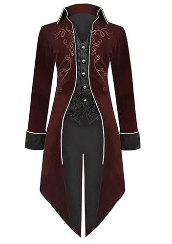 OMZIN Herren Steampunk Viktorianische Jacke Gothic Frack Kostüm Vintage Smoking Wikinger Renaissance Pirat Halloween Mäntel Rot XL von OMZIN