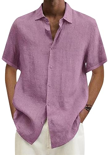 OMZIN Herren Strand Leinen Lose Hemden Sommer Leichte Hemden Button Down Kurzarm Freizeithemden Rosa XL von OMZIN