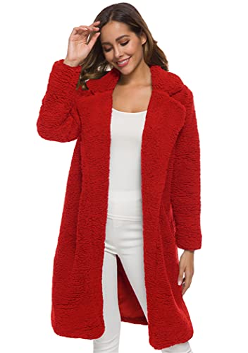 OMZIN Jacke Damen Winter Plüschmantel Winter Fleece Parka Jacke Kunstpelz Langer Mantel Plüschmantel Fleece Jacke Winter Parka Strickjacke Rot M von OMZIN