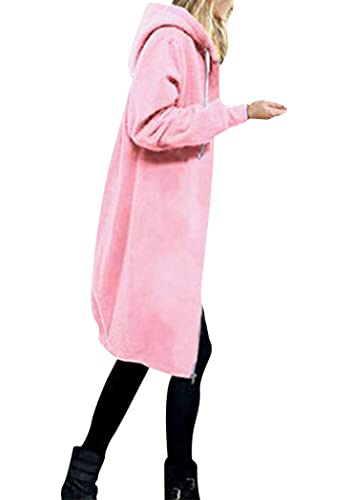 OMZIN Kapuzenpullover Damen Lang Zipped Hoodie Sweatshirtjacke mit Kapuze Frühling Kapuzenjacke mit Reißverschluss Longjacke Warmer Tops Rosa S von OMZIN