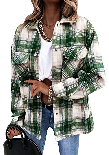 OMZIN Kariertes Damen Oversize Hemdjacke Holzfällerjacke Damen Mode Leichte Hemd Jacke Herbst Oberteile Top Grün M von OMZIN