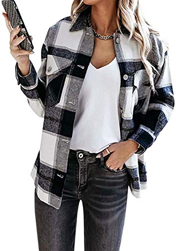 OMZIN Frauen Herbst Kariert Jacken Knöpfe Langarm Oversize Bluse Shirt Shirt Jacke Casual Plaid Plüsch Fleece Jacke Mantel Tunika Schwarz M von OMZIN