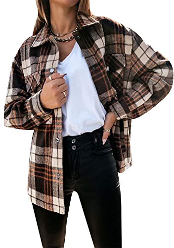 OMZIN Kariertes Knöpfen mit Taschen Mantel Jacke Hemdjacke Holzfällerjacke Damen Mode Plaid Mit Tasche Jacke Braun M von OMZIN