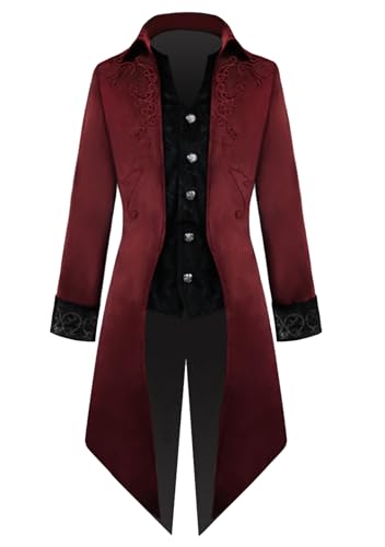 OMZIN Klassischer Viktorianischer Retro Mantel für Männer Warmer Bestickter Smoking Top Mode Gothic Steampunk Lange Jacke Weinrot XL von OMZIN