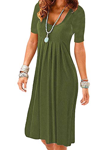 OMZIN Sommerkleid Damen Strandkleid Skaterkleid Knielang Rundhalsausschnitt Partykleid Kurzarm Midikleid Army Green M von OMZIN