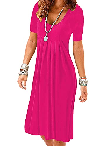 OMZIN Kleider Damen Elegantes Blusenkleid Sommerkleid Knielang Kurzarm TShirtkleid Tunikakleid Locker mit Taschen Rose Rot XL von OMZIN