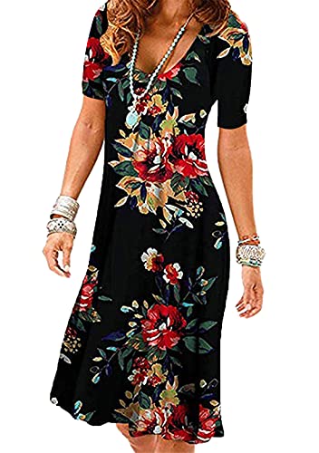 OMZIN Damen Tunika Kleid Rundhalsausschnitt Kurzarm Floral Bedruckt Kleid Sommer Lässig Locker Flowy Swing Shift Kleid Schwarz Rot Blume L von OMZIN