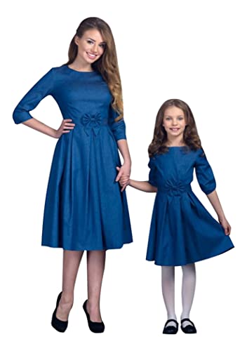 OMZIN Kleider für Mama und Mich Blumenmuster Schleife Rüschen Kurzarm Strand Mutter Tochter passende Outfits Blau 3XL von OMZIN