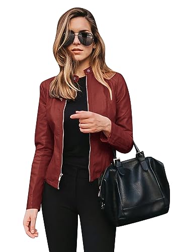 OMZIN Kunstlederjacke Für Frauen Leichter Stehkragen Zip Up Langarm Slim Motorradjacke Rotwein M von OMZIN