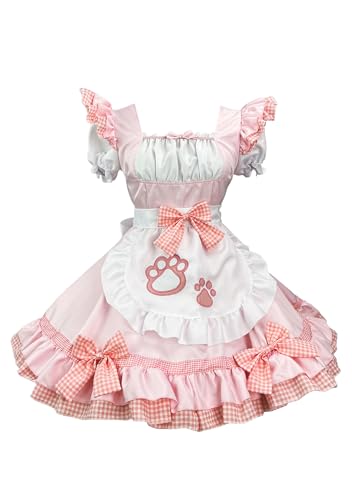 OMZIN Kurzärmliges Halsband Lolita Kleid Für Damen French Maid Japanisch Anime Cosplay Kawaii Schürze Kleid Katze Hellrosa S von OMZIN