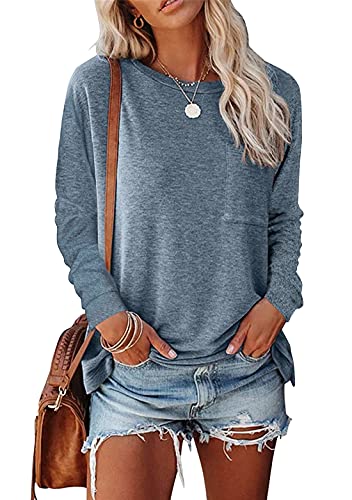 OMZIN Lässige Langarm-Tunika-Sweatshirts für Frauen Übergroße, locker sitzende Rundhals-Oberteile Weiche Basic-Oberteile T-Shirt Blau L von OMZIN